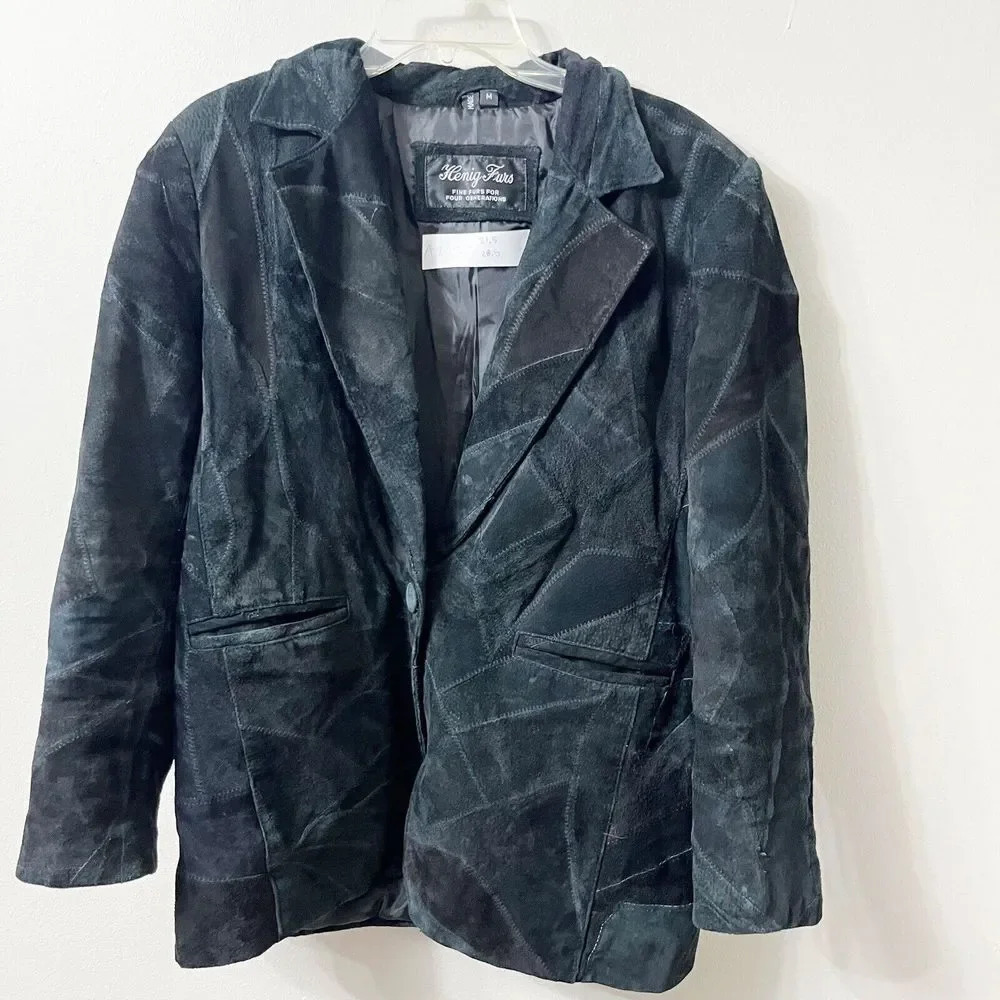 Vtg 90s Women Black Suede Patchwork Blazer M Leather Sports Coat Henig Furs